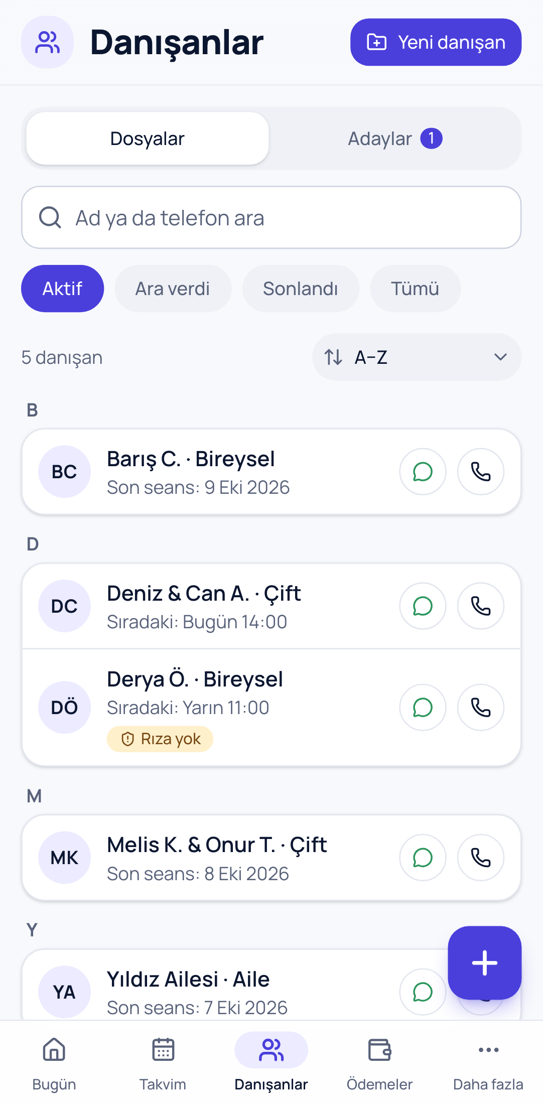 Danışanlar ekranı: dosyalar, sıradaki ve son seanslar