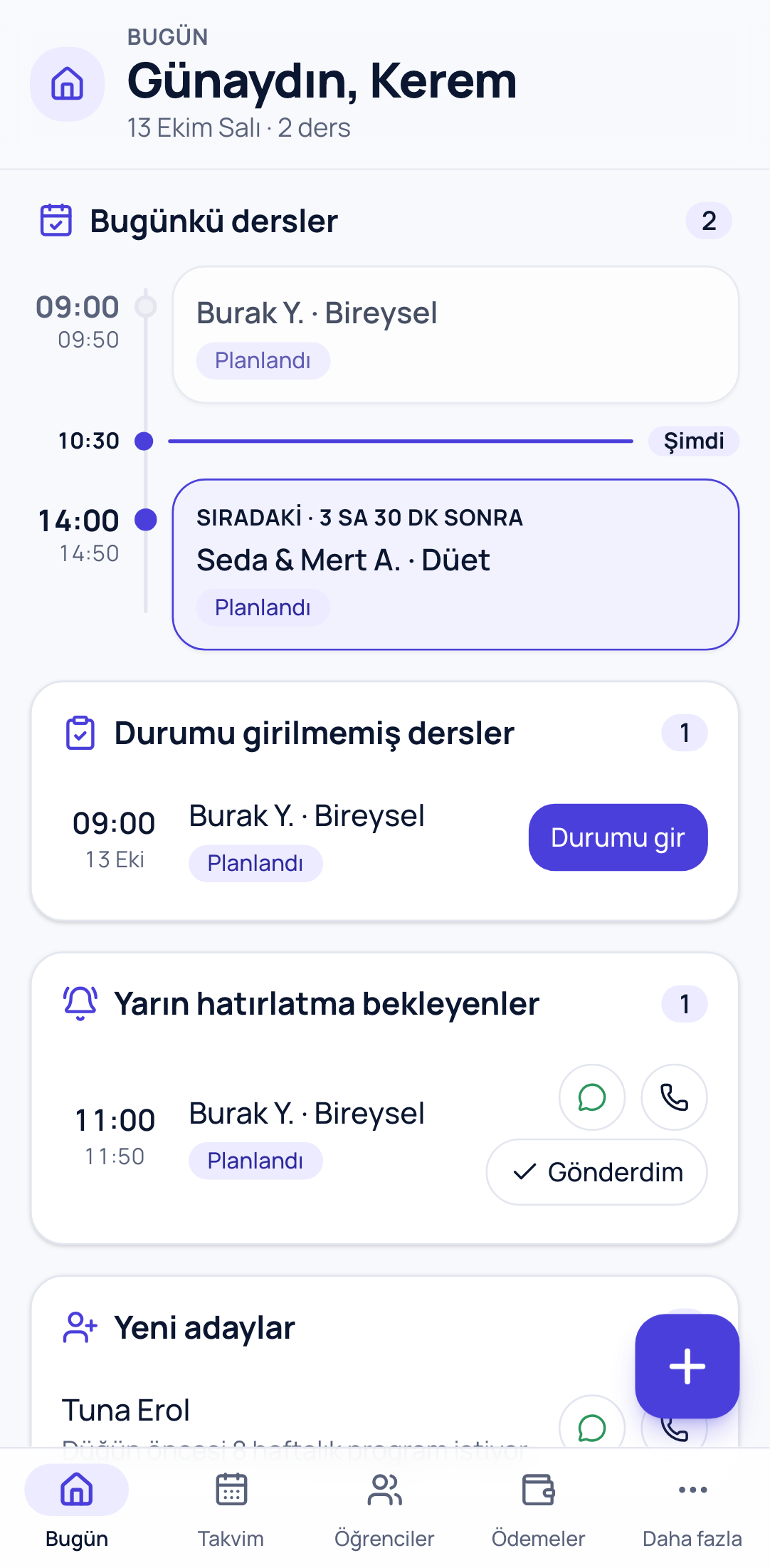 Seansora'nın Bugün ekranı: günün dersler ve yarın hatırlatma bekleyenler