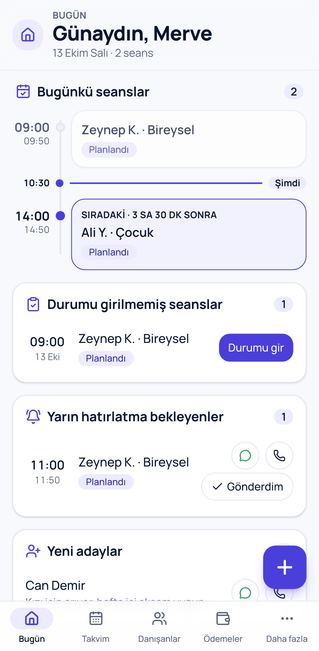 Seansora'nın Bugün ekranı: günün seanslar ve yarın hatırlatma bekleyenler