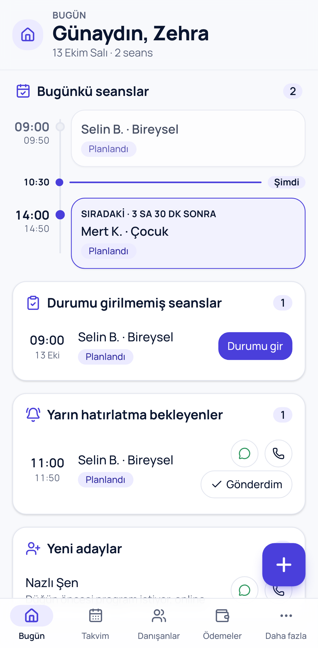 Seansora'nın Bugün ekranı: günün seanslar ve yarın hatırlatma bekleyenler
