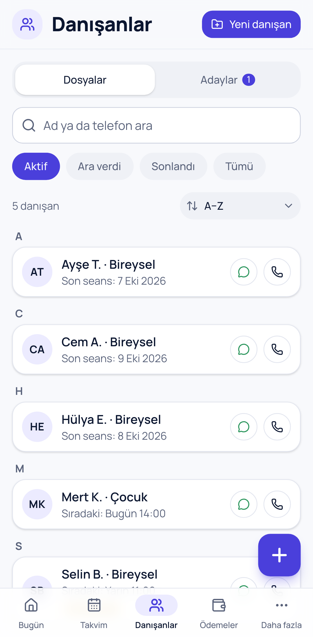 Danışanlar ekranı: dosyalar, sıradaki ve son seanslar