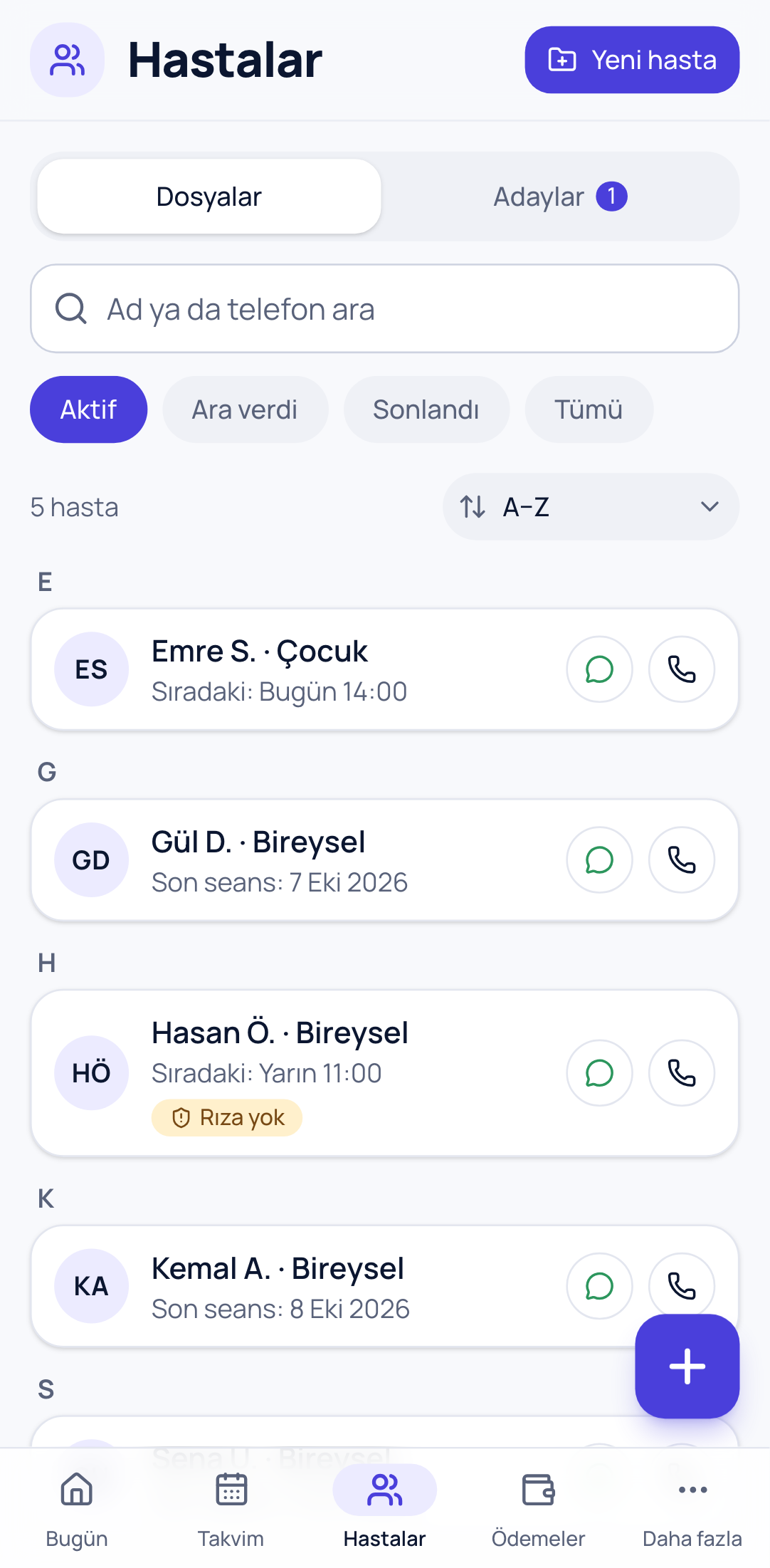 Hastalar ekranı: dosyalar, sıradaki ve son seanslar