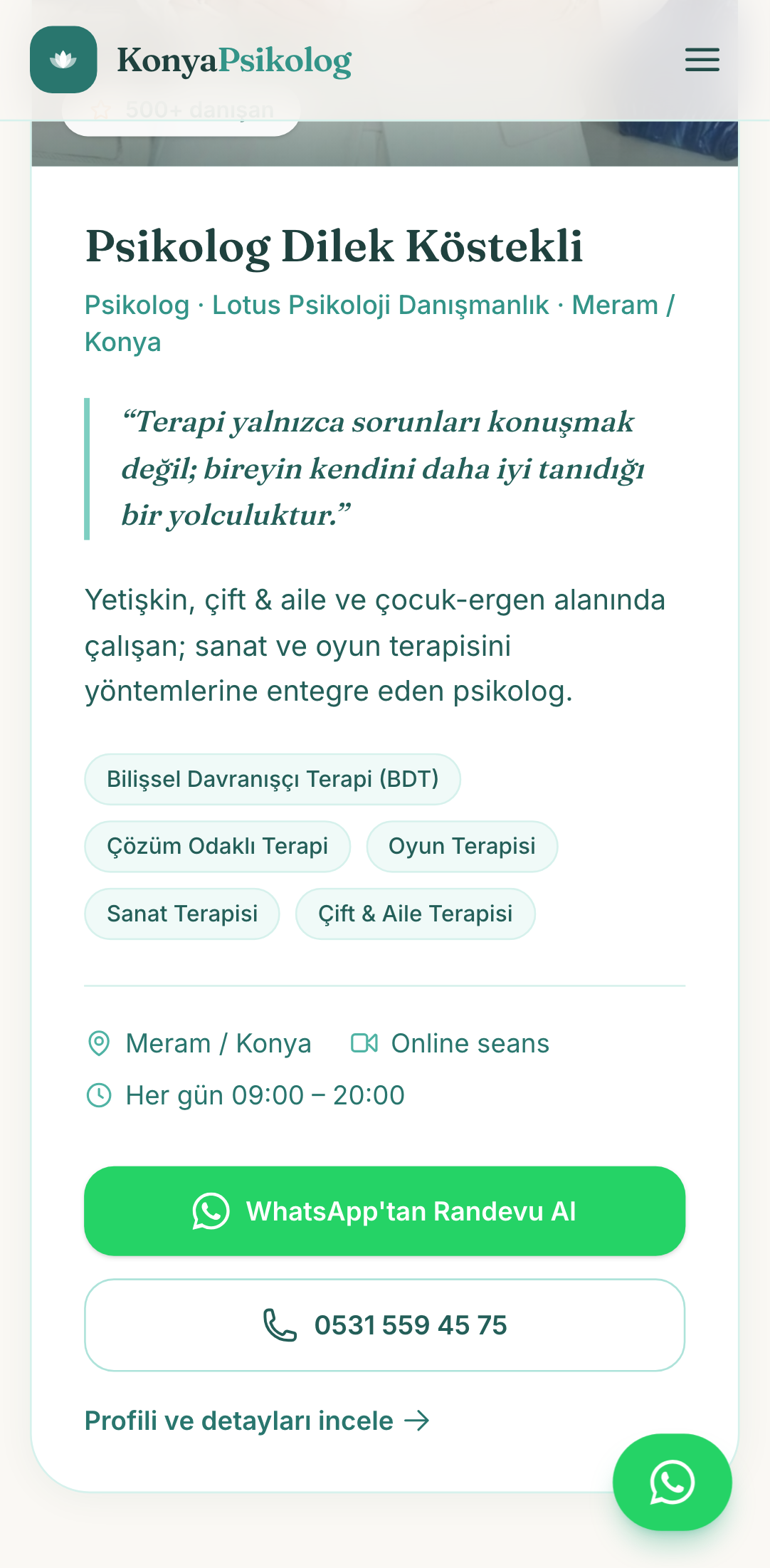 konyapsikolog.org'da Psikolog Dilek Köstekli'nin kartı: çalışma alanları, Meram, online seans, çalışma saatleri, WhatsApp'tan Randevu Al ve telefon düğmeleri