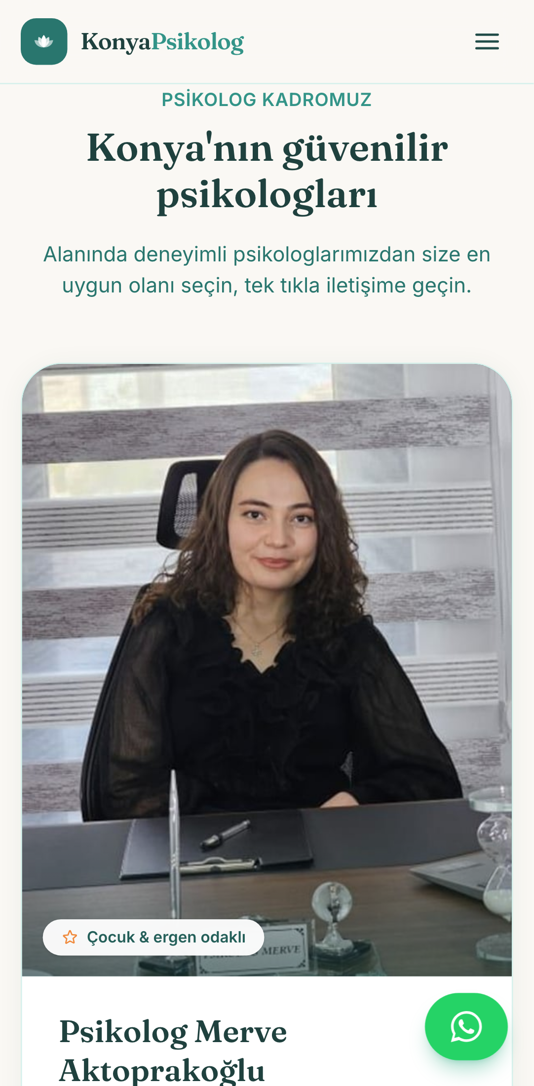 konyapsikolog.org telefonda: "Konya'nın güvenilir psikologları" başlığı ve Psikolog Merve Aktoprakoğlu'nun kartı