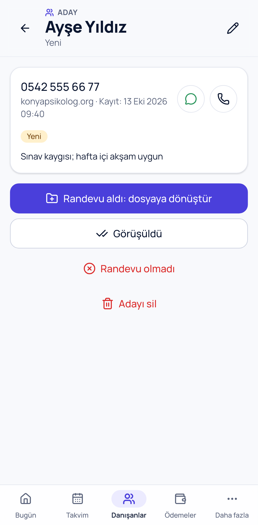 Seansora'da aday ekranı: Ayşe Yıldız, telefonu, "konyapsikolog.org · Kayıt: 13 Eki 2026", notu ve "Randevu aldı: dosyaya dönüştür" düğmesi