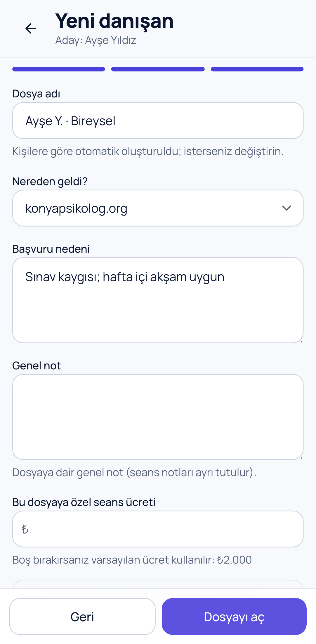 Yeni danışan formunun ikinci adımı: "Aday: Ayşe Yıldız", Nereden geldi? konyapsikolog.org, başvuru nedeni adaydan taşınmış