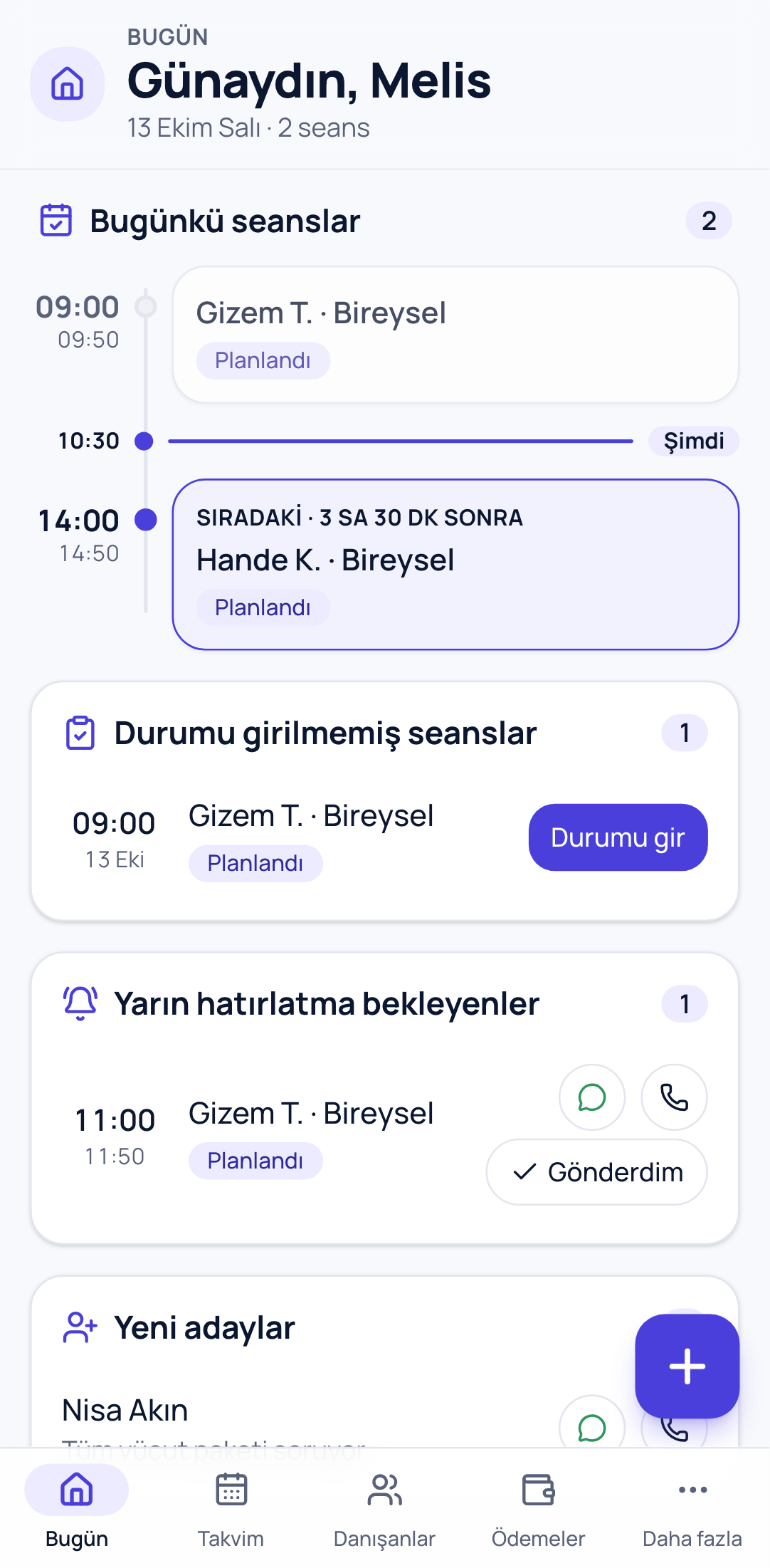Lazer epilasyon uzmanının Bugün ekranı: bugünkü seanslar ve yarın hatırlatma bekleyenler