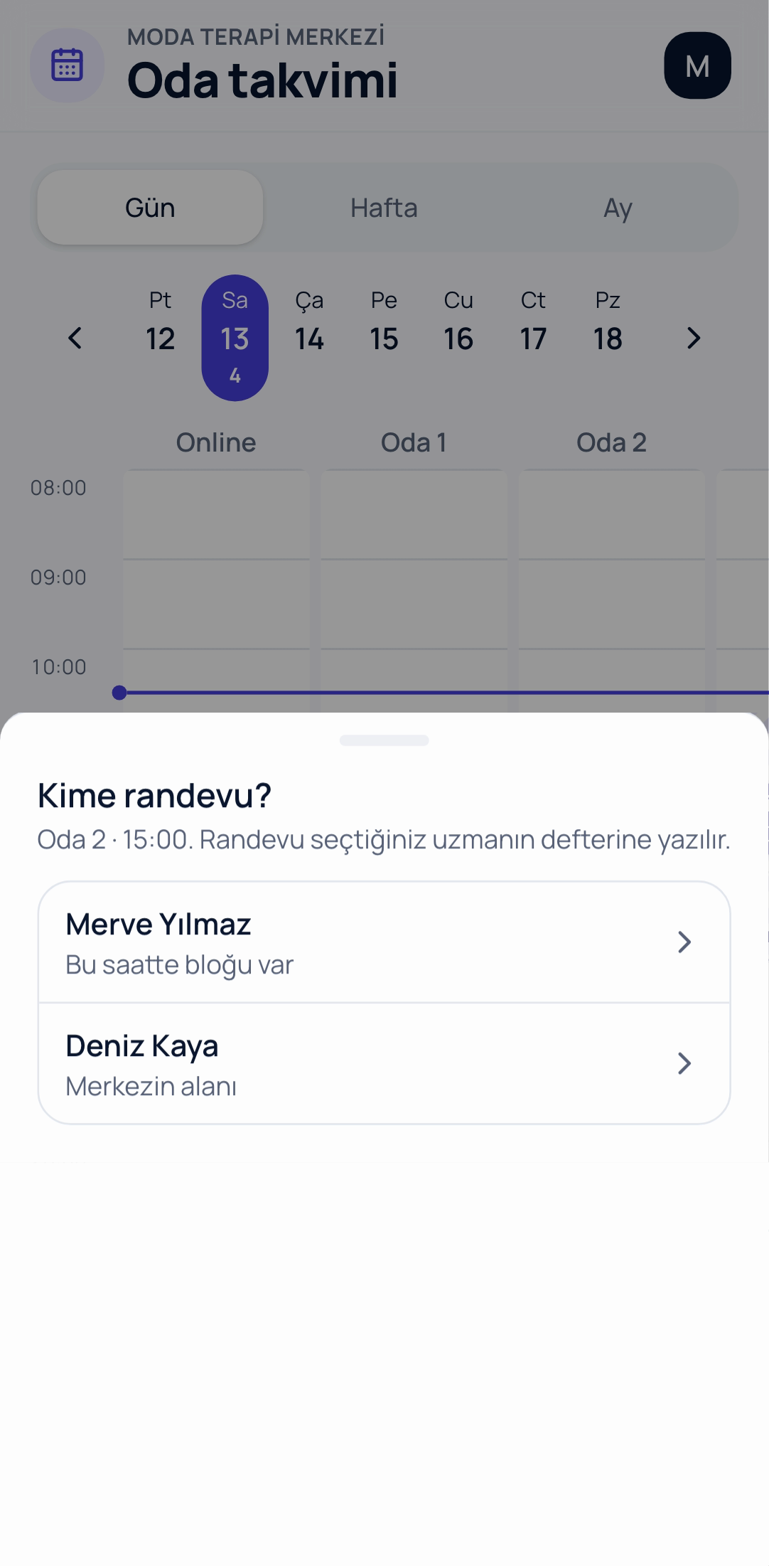 Oda takviminde "Kime randevu?" paneli: Oda 2, 15:00; Merve Yılmaz bu saatte bloğu var, Deniz Kaya merkezin alanı