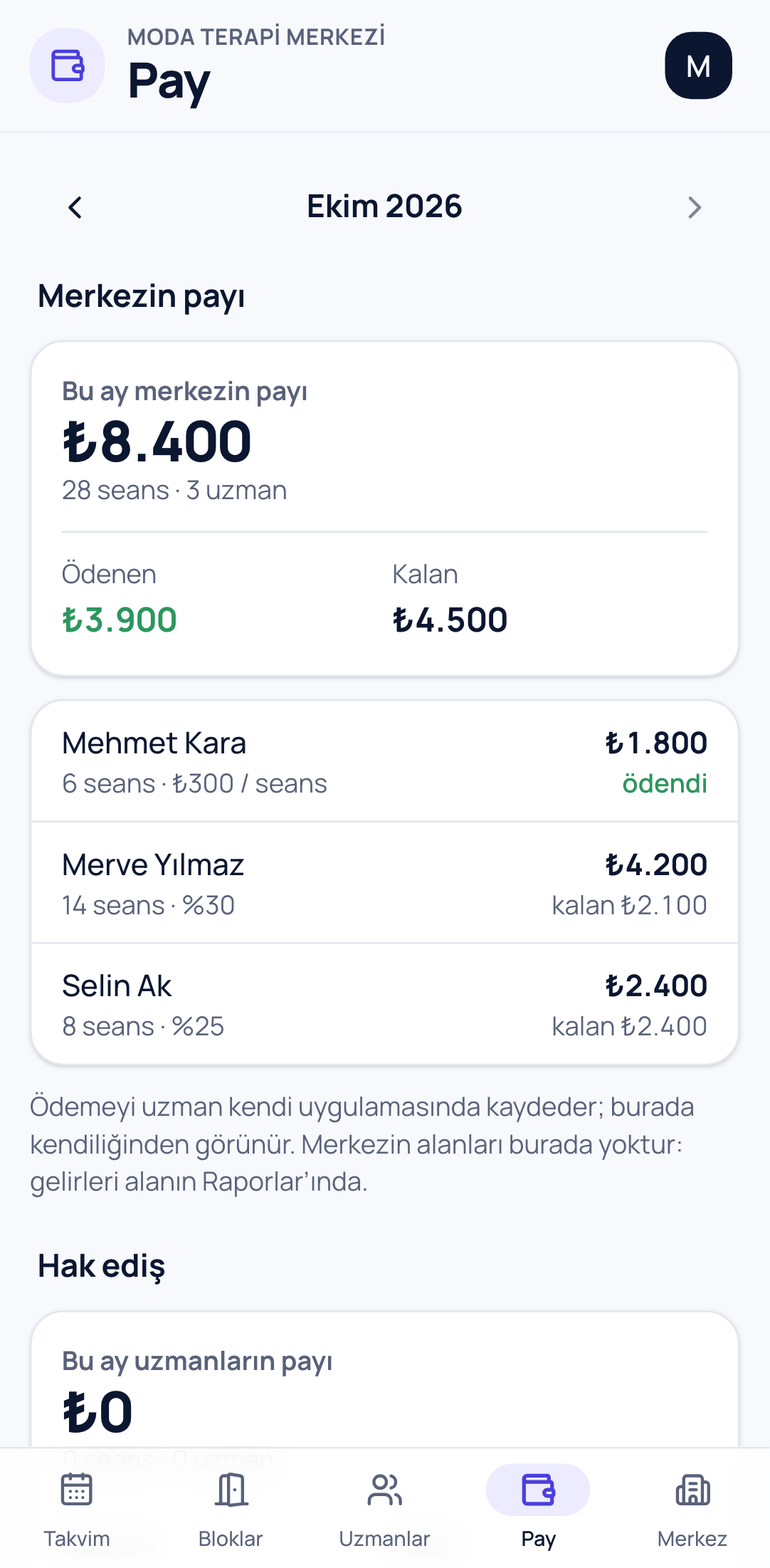 Merkezin payı ekranı: bu ayki pay, ödenen ve kalan; uzman uzman seans sayısı ve tutar