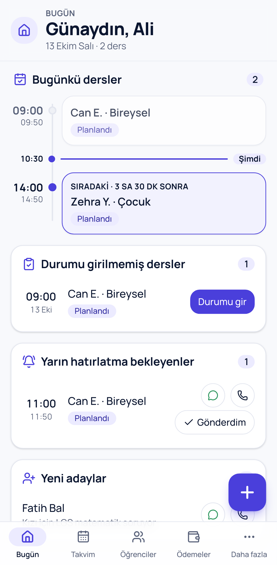 Özel ders öğretmeninin Bugün ekranı: bugünkü dersler ve yarın hatırlatma bekleyenler