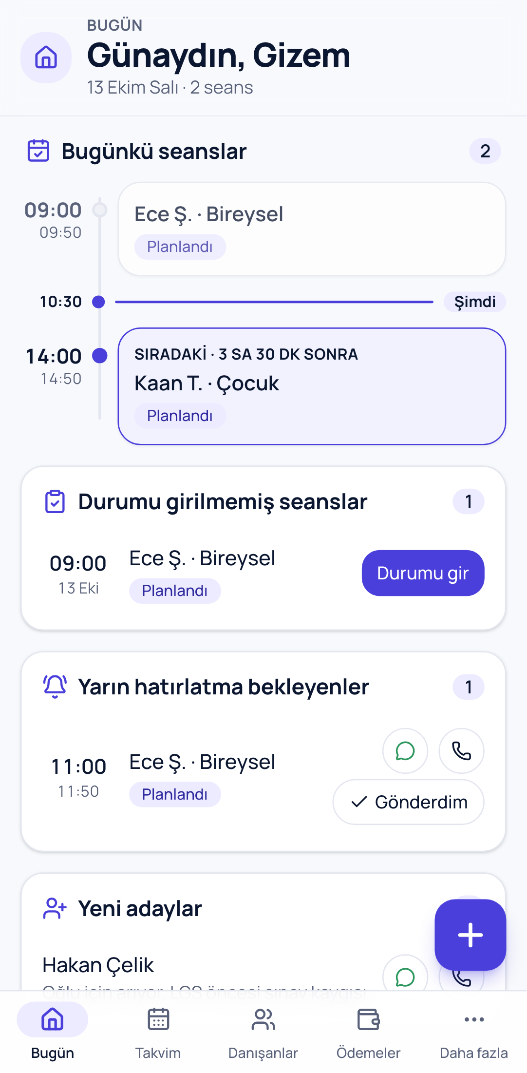 Seansora'nın Bugün ekranı: günün seanslar ve yarın hatırlatma bekleyenler