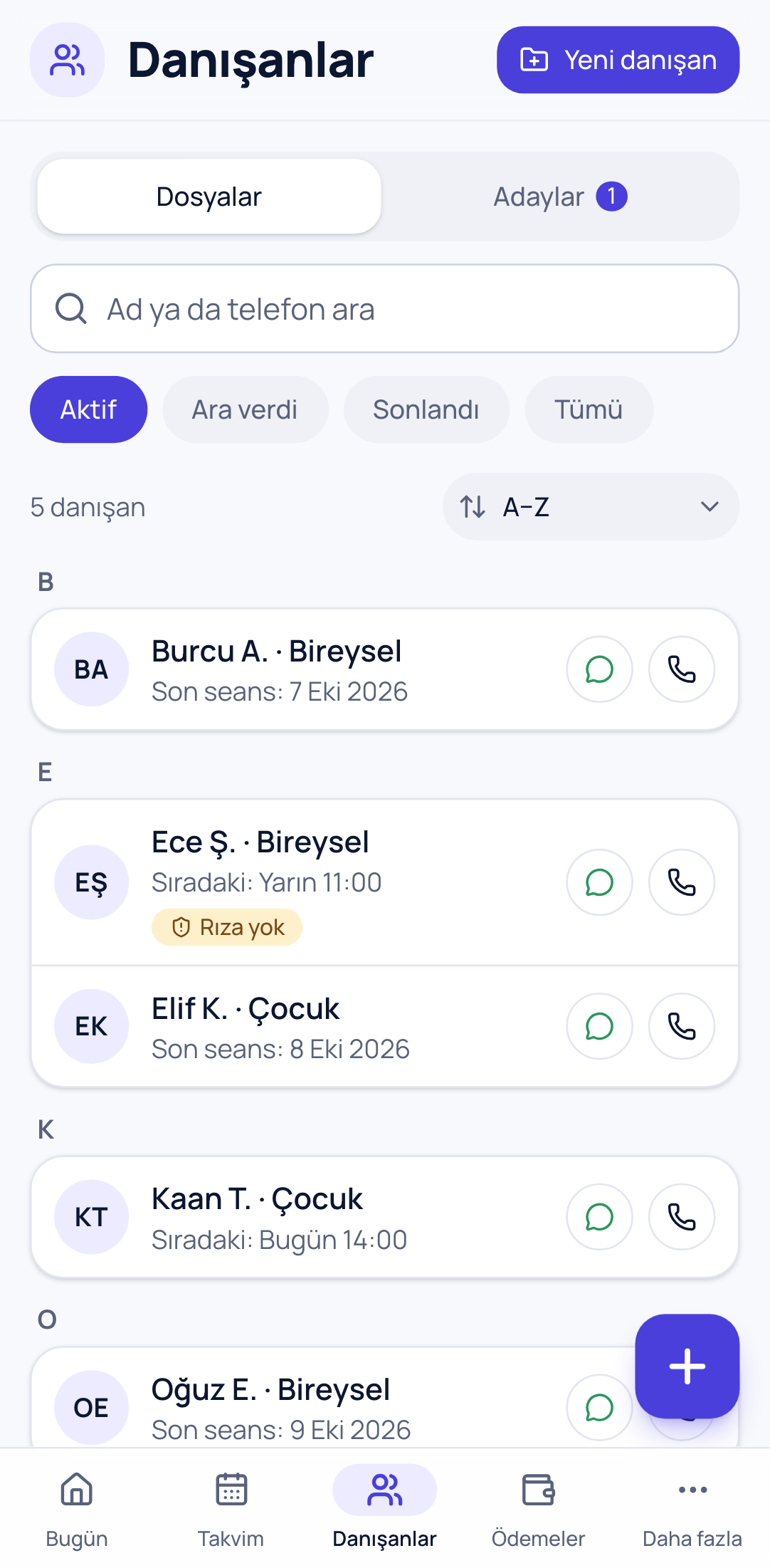 Danışanlar ekranı: dosyalar, sıradaki ve son seanslar