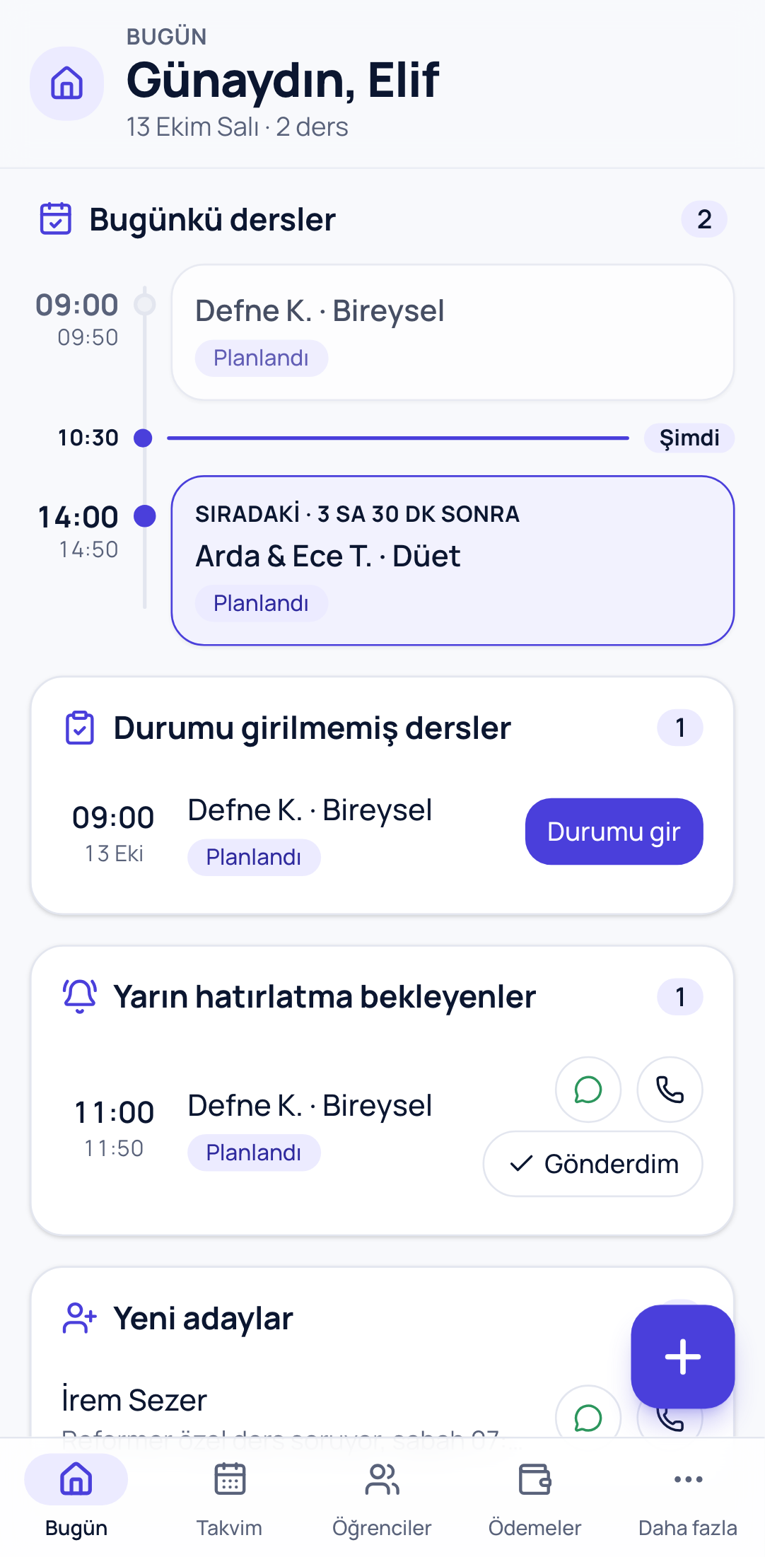 Seansora'nın Bugün ekranı: günün dersler ve yarın hatırlatma bekleyenler