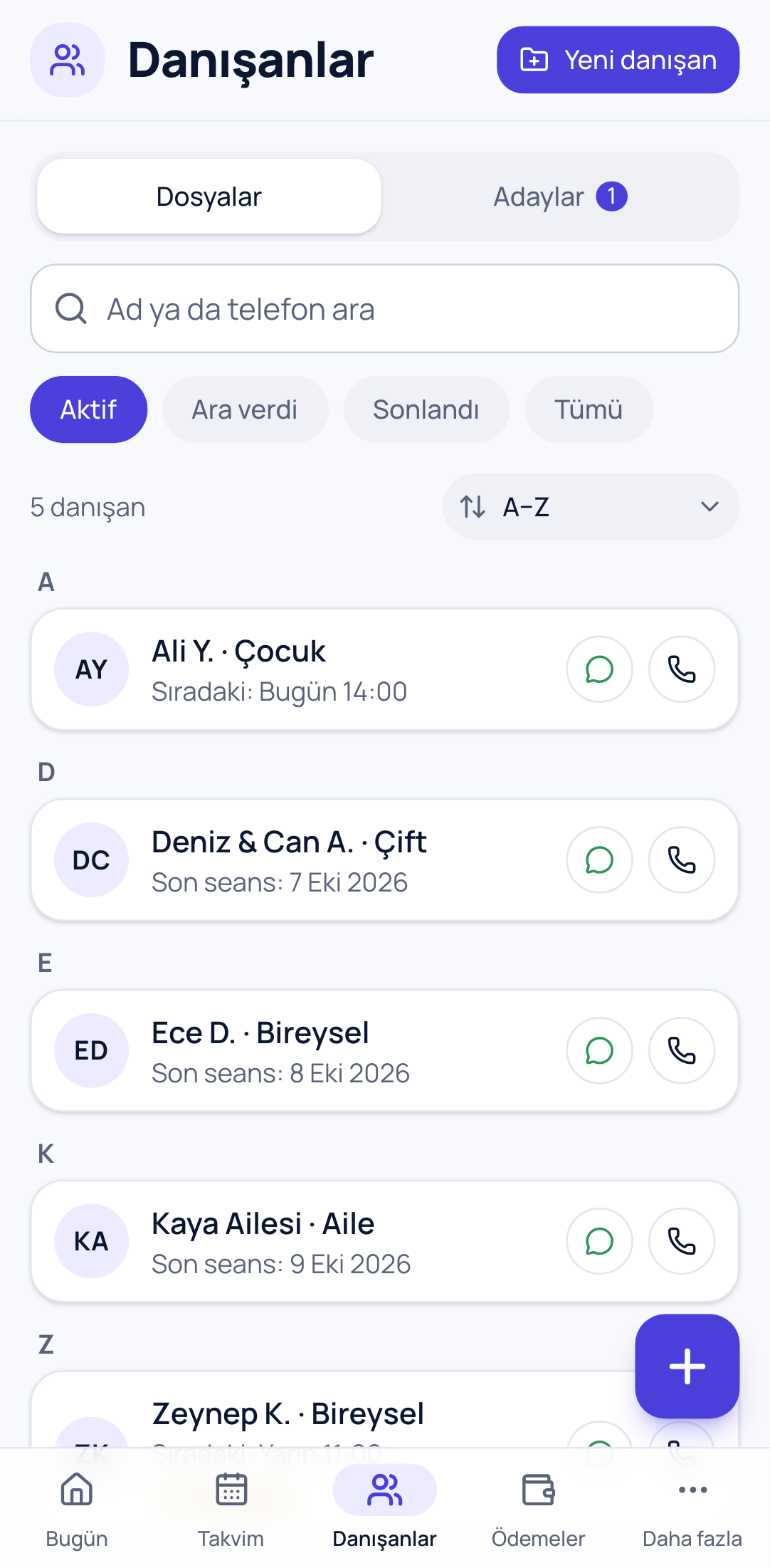 Danışanlar ekranı: dosyalar, sıradaki ve son seanslar